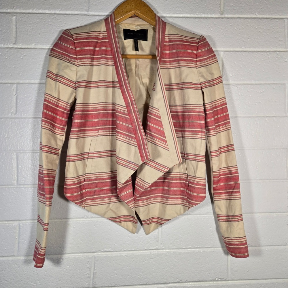 BCBGMAXAZRIA Abbey Blazer Small Red Striped 100%‎ Cotton Draped Front Jacket